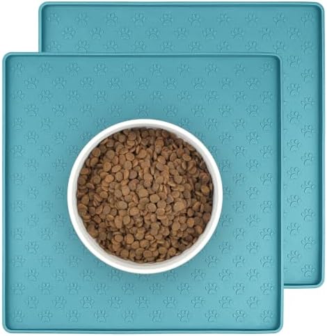 2 Pack Dog Food Mat Anti-Slip Bowl Mats for Food and Water, Waterproof Silicone Pet Placemat with High Raised Edges, Non-Slip Puppy Feeding Tray for Small, Medium Large Cats Dogs, Blue, 11.8"x11.8" by PTLOM