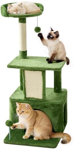 32.8inch Small Cat Tree Tower Condo for Indoor Cats, Soft Plush Multi-Level Climbing Tree Cat House with Cat Cave, Scratching Post, Sisal Rope, Green by TSCOMON