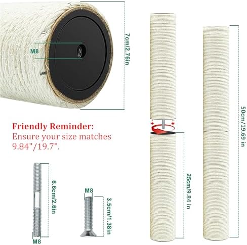 Cat Tree Replacement Post, 2 Pack 9.84in (Connectable to 19.7in/50cm) Cat Scratching Post with M8 Screws, Natural Sisal Cat Tower Parts for Cat Tree Repair - Image 2