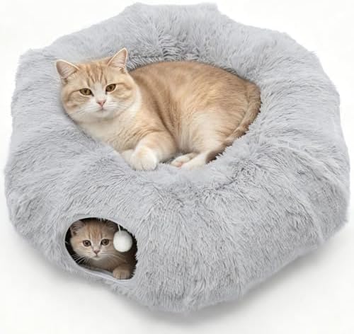 DUMOS Cat Tunnel Bed for Indoor Cats, Cave Donut Play Tunnel, Silver by DumosLifestyle