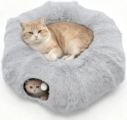 DUMOS Cat Tunnel Bed for Indoor Cats, Cave Donut Play Tunnel, Silver by DumosLifestyle