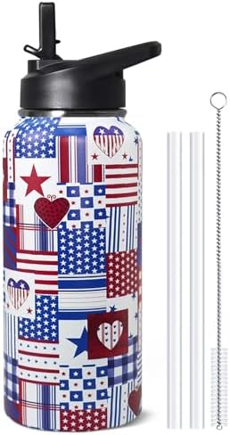 32oz American Flag Flip Stainless Insulated Aater Water Bottle with Straw,4th of July Gym Hiking Sports Coffee Mug Cup Water Bottles,Patriotic Military Gifts For Veterans, Police by Unknown