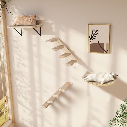 Cat Wall Shelves Set with Sisal Cats Stairs, 4 Piece Wooden Climbing Furniture with Scratchable Curved Bed, Flat Shelf & 2 Cat Wall 4-Steps Ladders - Image 2