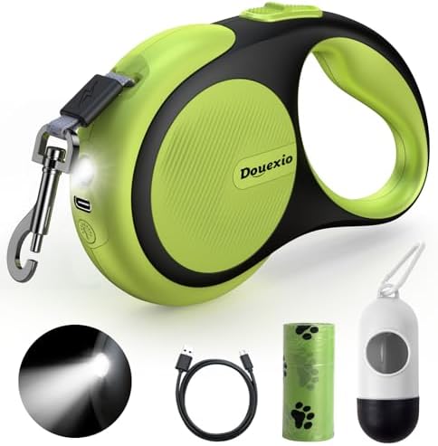 Retractable Dog Leash with LED Flashlight, Douexio Upgrade 3 in 1 Dog Leash Retractable for Small Medium Dogs Up to 66 lbs, 16ft, Anti-Slip Handle (Black-Green) by Douexio
