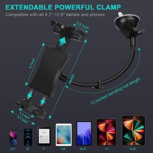 Car Dashboard Windshield Tablet Mount, 13" Long Arm Gooseneck, 360° Flexible Window Suction Cup Holder for Truck SUV, for iPad Pro 12.9/11/10.5/9.7/Air/Mini 6 5 4, Galaxy, 4.7"-12.9" Tab&Phone - Image 2