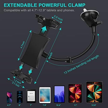 Car Dashboard Windshield Tablet Mount, 13" Long Arm Gooseneck, 360° Flexible Window Suction Cup Holder for Truck SUV, for iPad Pro 12.9/11/10.5/9.7/Air/Mini 6 5 4, Galaxy, 4.7"-12.9" Tab&Phone - Image 2