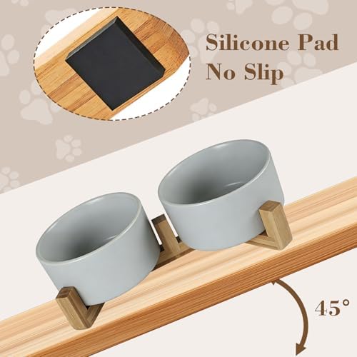 Ceramic Dog and Cat Bowl Set with Wooden Stand Matte Glaze Elevated Food Water Set Anti-Tip Non-Slip Weighted for Cats Small Breed Dogs-Grey-13.3OZ - Image 2