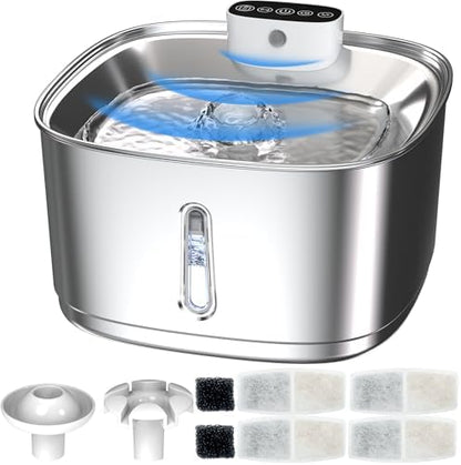 Cat Water Fountain Stainless Steel- 108oz/3.2L Pet Water Fountain Cordless with Motion Sensor, 4 Replacement Filters, Ultra-Quiet Auto Dog Water Dispenser Battery Powered (Stainless Steel-1) by GAMKII
