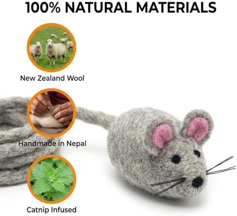 Glaciart One Felt Mouse Cat Toy – Soft Fuzzy Enrichment 100% Natural Wool - Interactive Catnip Play Cat Toy Set - Safe for Pets, Non-AZO Colored Dyes - 42” Long - Image 6