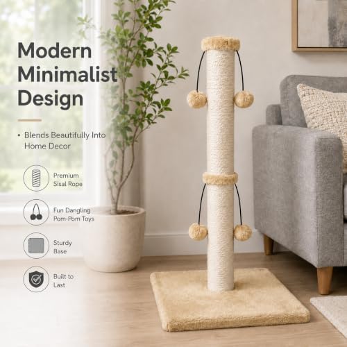 Dimaka Cat Scratching Post, Cat Scratcher for Large Cats with Teasing Toy Ball (Light Brown, 34 inches for Large Cats) - Image 7