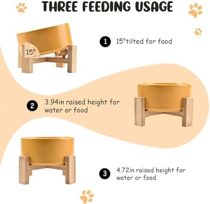 SPUNKYJUNKY 15° Slanted Ceramic Dog and Cat Bowl with Wooden Stand, Tilted Bulldog Food and Water Bowl No Slip Non-Spill for Cats Medium Dogs Big Face Pets 28.7 OZ (3.6 Cups, Yellow) - Image 3