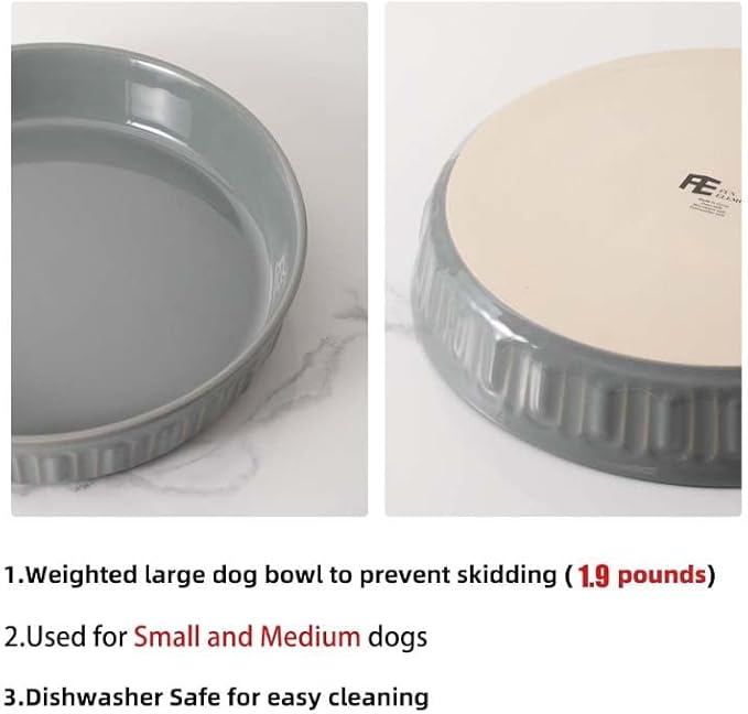 Fun Elements Shallow Dog Bowls, 8" Ceramic Dog Food Plate for Small and Medium Breeds, Non-Slip, Flat and Wide, Dishwasher Safe, Suitable for Puppies and Kittens (Grey)