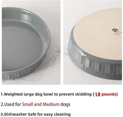 Fun Elements Shallow Dog Bowls, 8" Ceramic Dog Food Plate for Small and Medium Breeds, Non-Slip, Flat and Wide, Dishwasher Safe, Suitable for Puppies and Kittens (Grey)