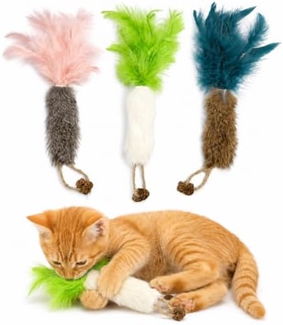 3 Pack Rabbit Fur Catnip Toys with Feathers – Interactive Carrot Cat Toys with Galls Fruit for Indoor Cats and Kittens by ZAYLUMO