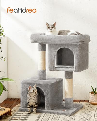 Feandrea Cat Tree, 33.1-Inch Cute Cat Tower, Plush Kitten Condo, Light Gray - Image 2