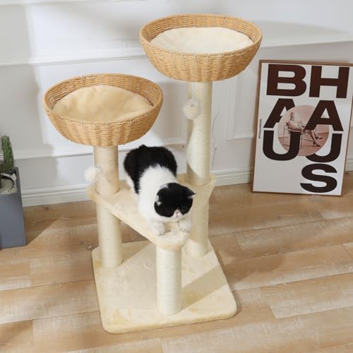 SHENGOCASE Cat Tree Tower with Rattan Wicker Basket, 2 Handwoven Large Nest Baskets Bed, Window Perch for Large Cats up to 20LBS - Image 5