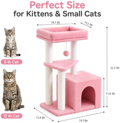 Small Cat Tree Tower for Indoor Cats, 33 Inches Multi-Level Cat Condo with Scratching Posts, Large Perch, Hanging Toy for Large Adult Cats, Pink - Image 6