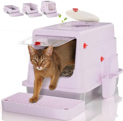 4-in-1 Stainless Steel Cat Litter Box with Flip Lid and High Sides, Lilac by Labeta