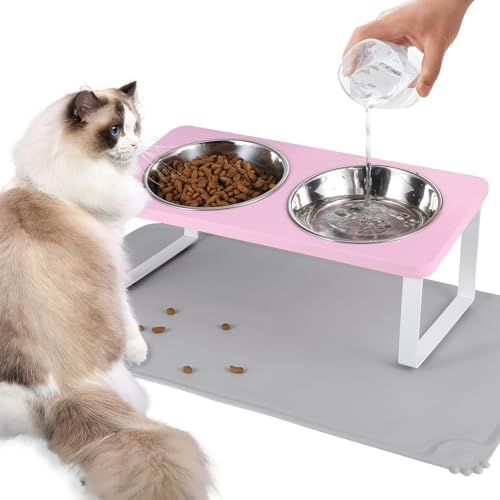 Summark Upgraded Elevated Cat Bowls with Food Mat,15°Tilted Stand Anti Vomiting Raised Cat Dishes for Food and Water,2 Stainless Steel Bowls for Cats and Puppy（Pink） by Summark