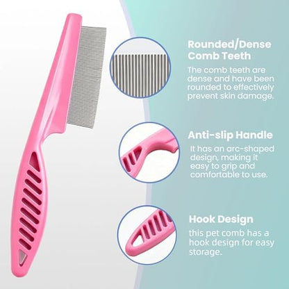 MEDUWEDU 5 Pack Flea & Lice Comb Set for Cats, Dogs & Kids – Stainless Steel Fine Tooth Nit Comb Kit with Double-Sided Tear Stain Remover, Grooming Brush & Peine para Piojos for Thick Hair (Pink) - Image 2