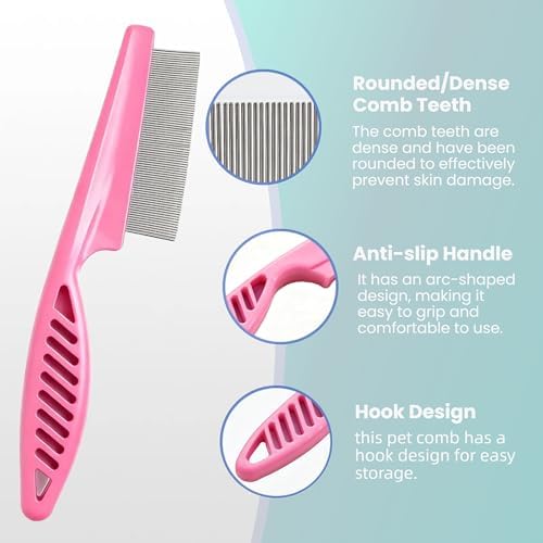 MEDUWEDU 5 Pack Flea & Lice Comb Set for Cats, Dogs & Kids – Stainless Steel Fine Tooth Nit Comb Kit with Double-Sided Tear Stain Remover, Grooming Brush & Peine para Piojos for Thick Hair (Pink) - Image 2