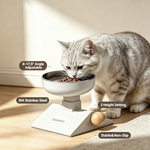 Elevated Cat Bowl,Adjustable Raised Stainless Steel Feeder with Stand,White - Image 2