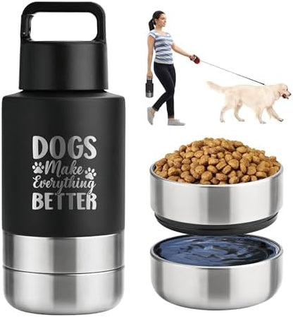 KEWIXY Insulated Dog Travel Water Bottle With Detachable Bowls, Ideal Gifts for Dog Lovers, Portable Water Bottle Dispenser, For Walking, Hiking, Camping, Outdoor (Black:Dogs Better, 32 Oz) by KEWIXYofficial