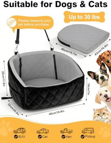 2-in-1 Cat Dog Car Seat for Small Dogs up to 30 lbs Reversible Cool & Warm Pet Travel Bed with Raised Bolster Sides Anti-Slip Base Washable Cover and 2 Safety Tethers - Image 3