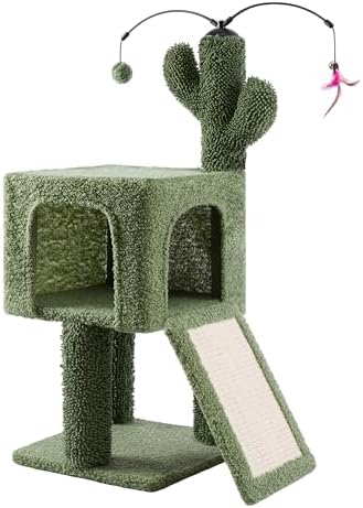 32" Cactus Cat Tree for Indoor Cats, 2-in-1 Cat House with Sisal Scratching Post & Ramp, 2-Level Cat Tower with Rotatable Feather & Ball Toys, Stable Cat Condo for Small/Medium Cats, Green - Image 2