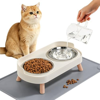 LoeJan Elevated Cat Bowls Set - Raised Cat Food and Water Bowl Set with Non Slip Stand - Pet Feeding Station with 2 Stainless Steel Bowls with Splash Proof Guard by LoeJan