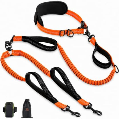 Hands Free Double Dog Leash, 4 Reflective Padded Handles, Adjustable Waist Belt 27-51", Shock-Absorbing Bungee, 360° Swivel Clips, for Small, Medium & Large Dogs, Walking Jogging Running by Unknown