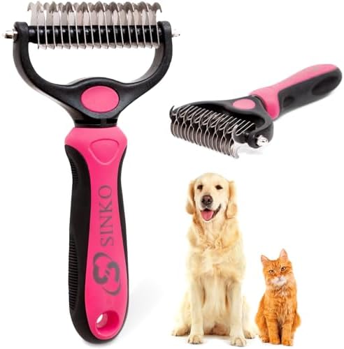 Sinko Shedding Brush For Dog and Cat, Undercoat Rake with Extra Wide Double-Sided Stainless Teeth for Detangling, Deshedding, Brushing & Removing Shed Fur, Knots, Mats, and Tangles in Pets (Pink) by Sinko