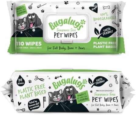 BUGALUGS Dog Wipes, 100% Plastic Free Biodegradable pet Wipes for Full Body, Eye Wipes, Ear Wipes, Bum & Paws. 110 Sensitive Dog Grooming Wipes for Dogs, Puppy & cat Grooming (Fragrance Free) by BUGALUGS