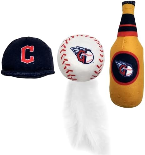 Pets First Best Plush CAT Toy - MLB Cleveland Guardians Complete Set of 3 Piece Cat Toys Filled with Fresh Catnip. Incld: 1 Baseball Cap Cat Toy, 1 Baseball Cat Toy with Feathers & 1 Beer Bottle. by PETSFIRST