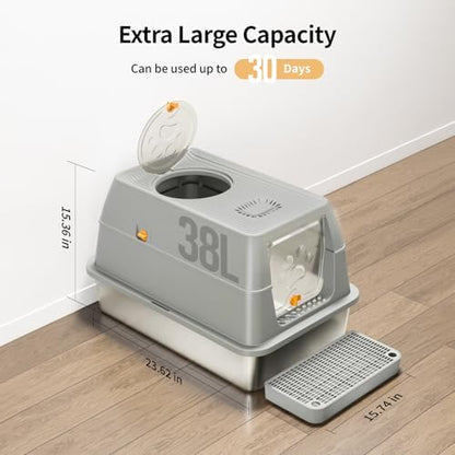 Stainless Steel Cat Litter Box with Removable Lid, XL Enclosed-Grey - Image 2