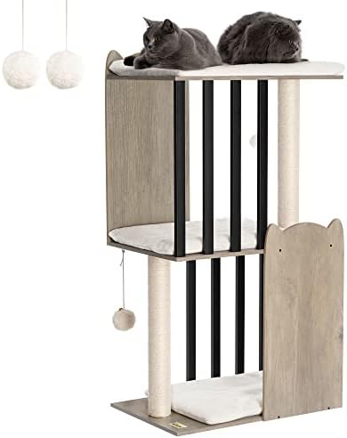 FourFurPets 43.8in 3-Tier Modern Cat Tree Tower Condo, Cat Scratch Posts for Indoor Cats, Big Plate, Two 19.7in Full Sisal Scratching Posts, Greige by FourFurPets