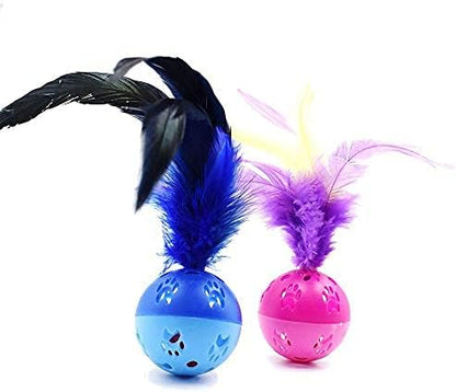 BeeSpring Cat Balls Interactive Cat Toy Feather Balls with Loud Bell Inside (2Pcs - Red, Blue)