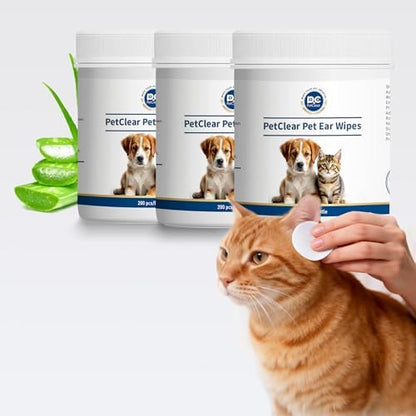 Dog Ear Wipes, 200 Pcs, Remove Earwax, Secretions, Dirt, Debris, Odors, Relieve Ear Itching, Shaking, Scratching, Contains Soothing Aloe Vera, Non Irritating, Suitable For Cats And Dogs (3 Count) by PETCLEAR