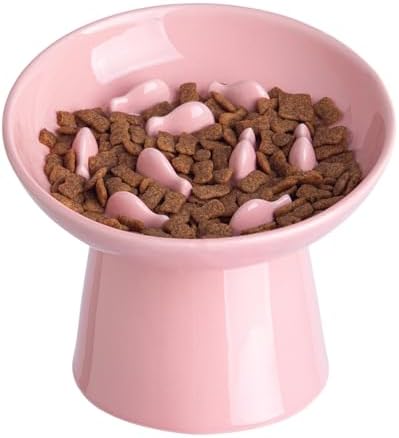 Ceramic Elevated Slow Feeder Cat Bowl - 6" Raised Cat Food Bowl for Bloat Relief & Anti-Vomiting, Whisker Friendly Ceramic Cat Slow Feeder for Indoor Cats, Kittens, Puppies - Pink(1pc) by KITCHENLESTARaddsmorebeautifulcolourstoyourlife