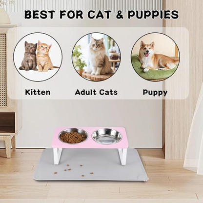 Summark Upgraded Elevated Cat Bowls with Food Mat,15°Tilted Stand Anti Vomiting Raised Cat Dishes for Food and Water,2 Stainless Steel Bowls for Cats and Puppy（Pink） - Image 6