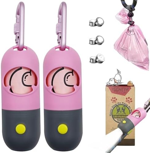 Dog Poop Bags Holder with LED Flashlight|Pet Waste Bags Dispenser for Leash|Doggie Potty Bags Container with Leak-proof Pet Trash Bags and Accessories (2 Holders 30 Bags, Pink) by YUCHIYA