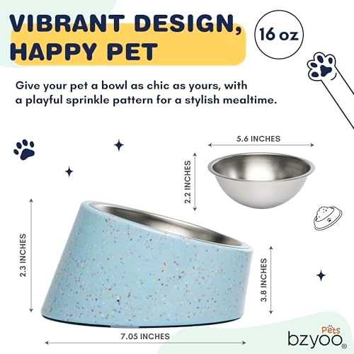 bzyoo 16oz Tilted Dog Bowl for Small Dogs & Cats, 15° Elevated Stainless Steel Pet Feeder, Ergonomic Anti-Vomiting Food Bowl for Frenchie, Pug, Persian Cat, Non-Skid Melamine Stand, Sprinkle (Blue) - Image 2