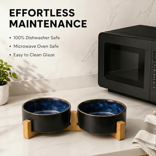 SPUNKYJUNKY Ceramic Dog and Cat Bowl Set with Wooden Stand, Modern Cute Weighted Food Water Set for Small Size Dogs (13.5OZ) & Medium Sized Dogs (28.7OZ) & Cats (1.7 Cups, 2 × Starry Blue) - Image 6