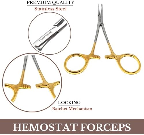 HTI Dog CAT PET Hair Puller Remover Stainless Steel Hemostat Locking Forceps 5.5" Curved Full Serrated (Gold Handle) - Image 4