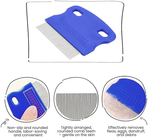 MEDUWEDU 5 Pack Flea & Lice Comb Set for Cats, Dogs & Kids – Stainless Steel Fine Tooth Nit Comb Kit with Double-Sided Tear Stain Remover, Grooming Brush & Peine para Piojos for Thick Hair (Blue) - Image 4