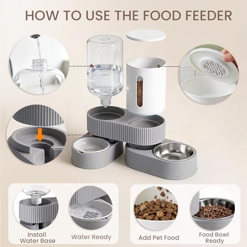 Gravity Cat Feeder 2 Pack Automatic Food Feeder and Water Dispenser Set Detachable Pet Bowl with Silicone Mat and Brush for Cats Small Medium Dogs, Large Capacity(Grey) - Image 3