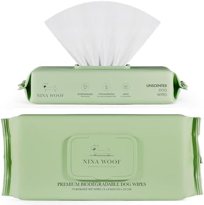 Nina Woof Dog Wipes – Fragrance-Free, Alcohol-Free, Hypoallergenic Pet Grooming Wipes with Aloe Vera, Biodegradable, for Dogs & Cats: Paws, Face, Ears & Butt – (70 Count) - Image 2