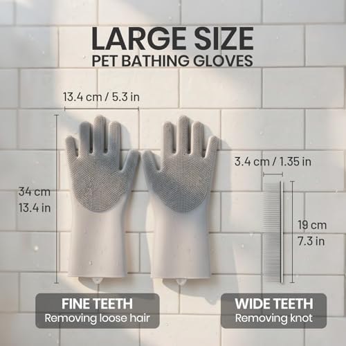 DELOMO Silicone Pet Grooming Gloves Dog Washing Gloves with Comb, Grey - Image 4