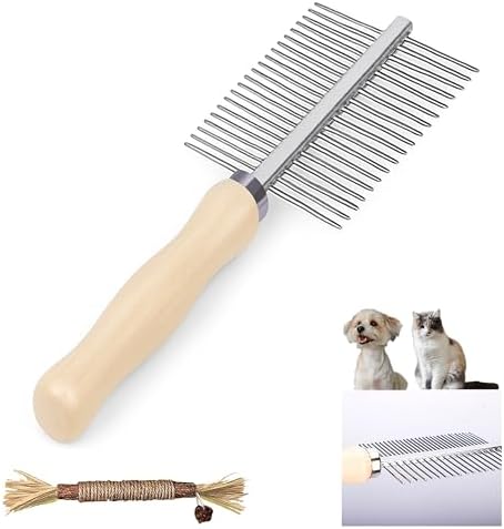 Double Row Undercoat Rake for Dogs & Cats - Wooden Handle Metal Dog Comb, Pet Grooming Dog Rake for Deshedding & Detangling by YTaraHub