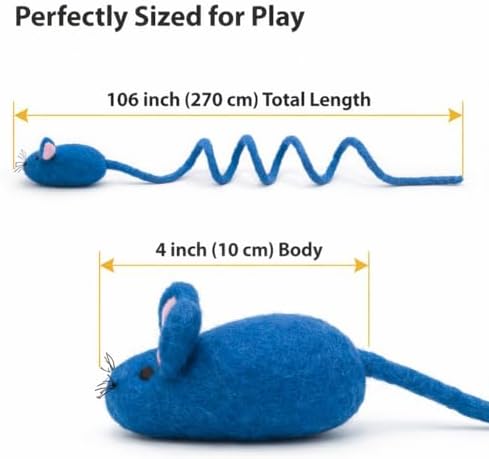 Glaciart One Felt Mouse Cat Toy – Soft Fuzzy Enrichment 100% Natural Wool - Interactive Catnip Play Cat Toy Set - Safe for Pets, Non-AZO Colored Dyes - 100” Long - Image 3